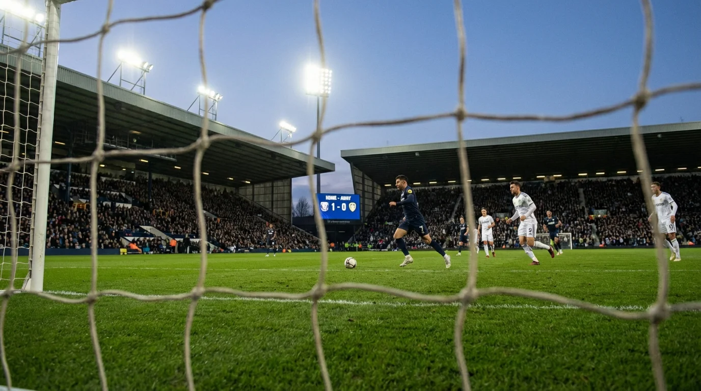 A football match scene with the scoreboard showing a one-goal difference on a green pitch