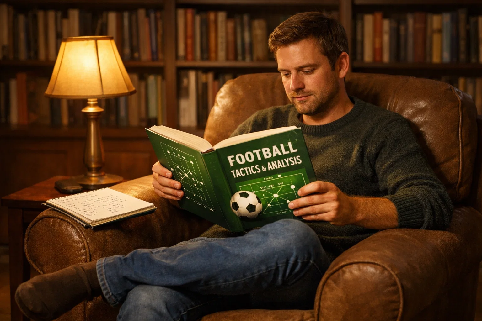 Person reading football analysis book with notes and pen