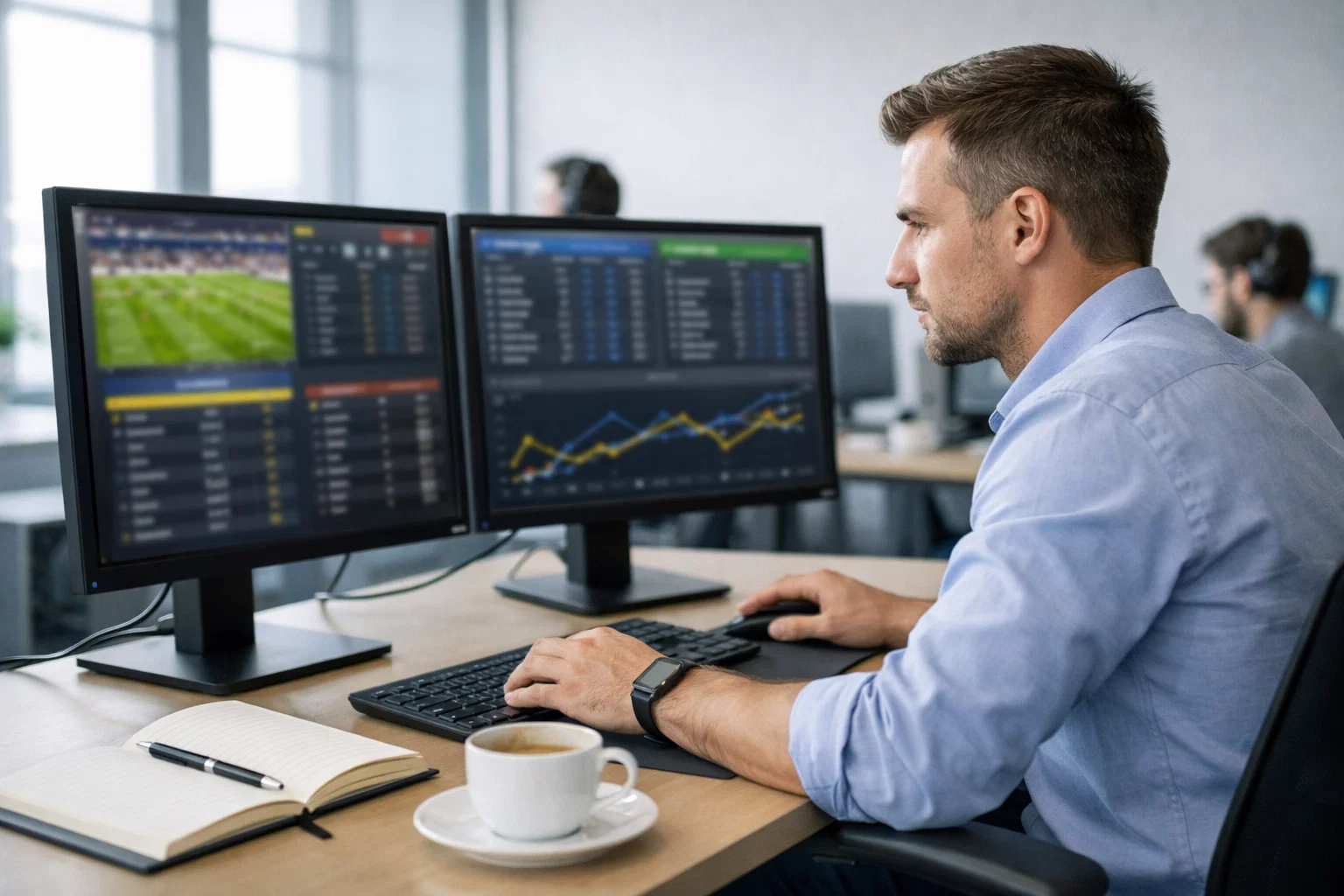Bookmaker analyst reviewing football match data on screen