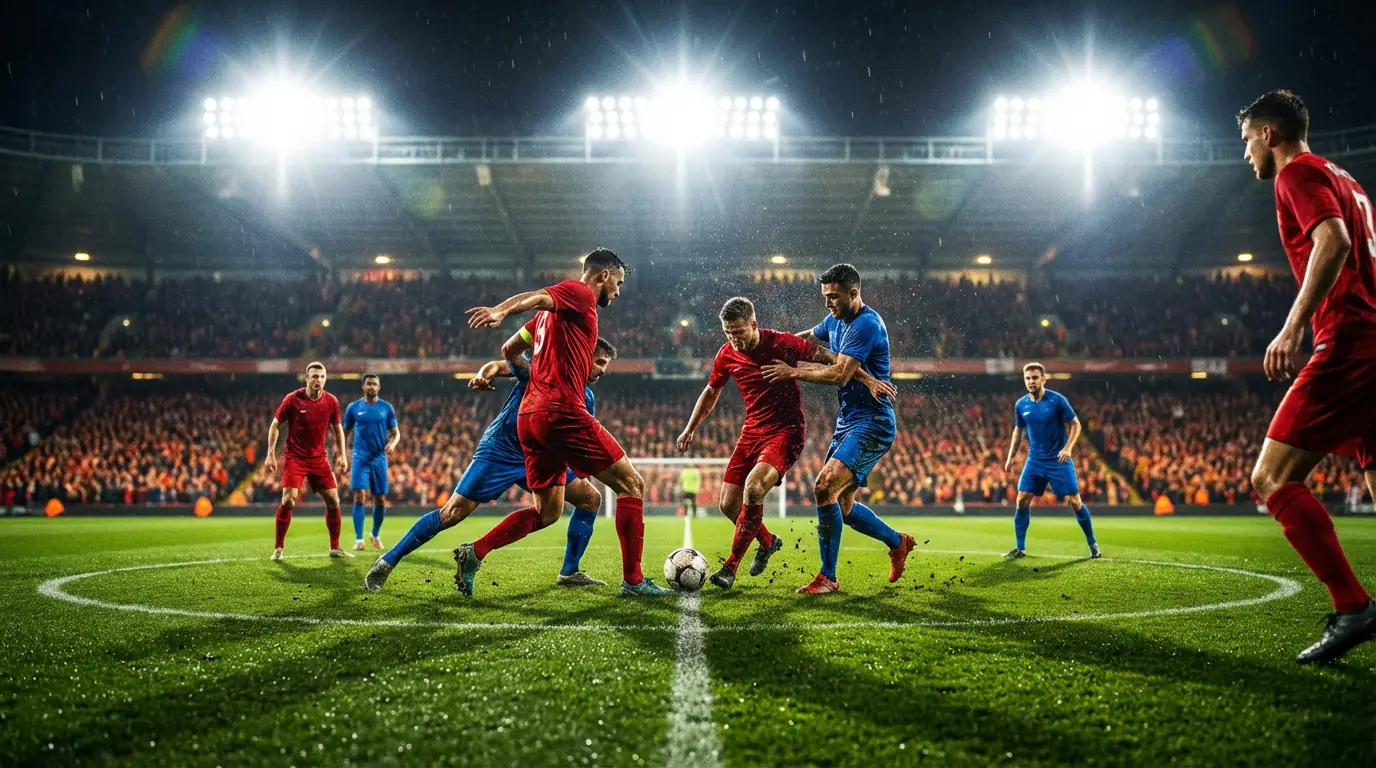 Football stadium with two teams attacking on a green pitch under floodlights