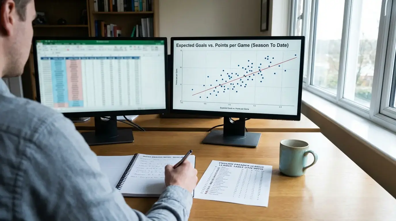 Data analyst building a football prediction model with spreadsheets and match data on screen