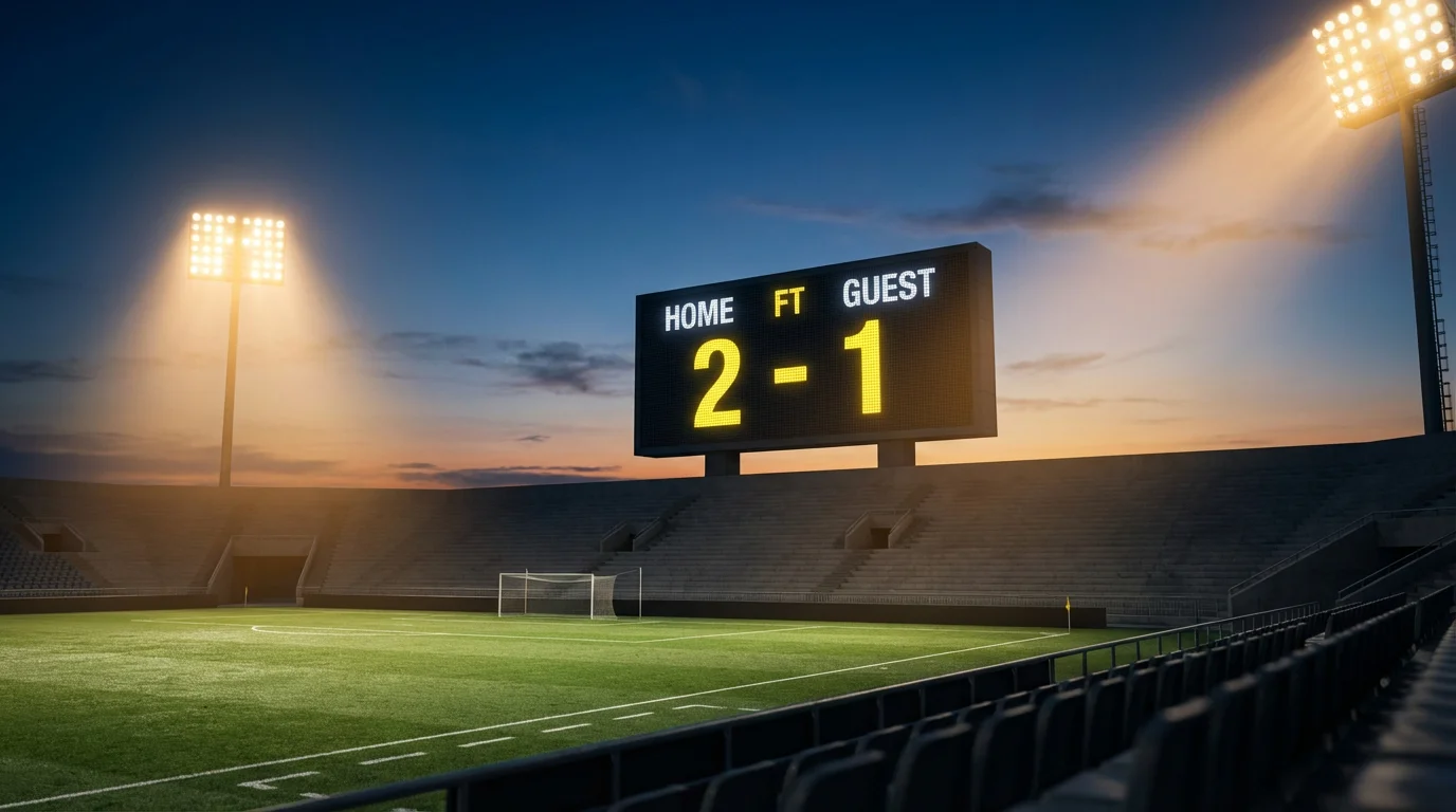 Football scoreboard showing a match result at a stadium during evening light