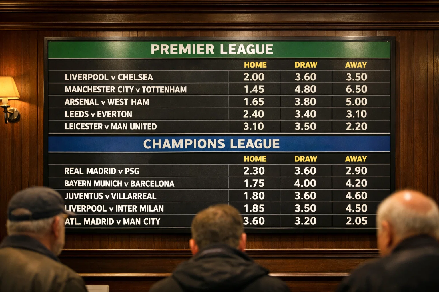 European betting board with decimal odds for football matches