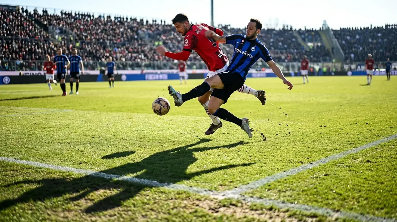 Two football teams competing for the ball on a sunlit grass pitch
