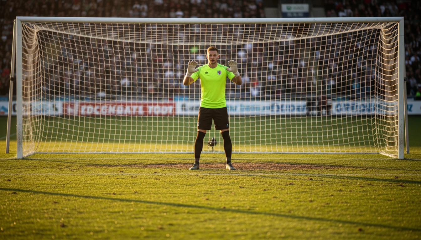 Football goalkeeper preparing for a save on a grass pitch during a match