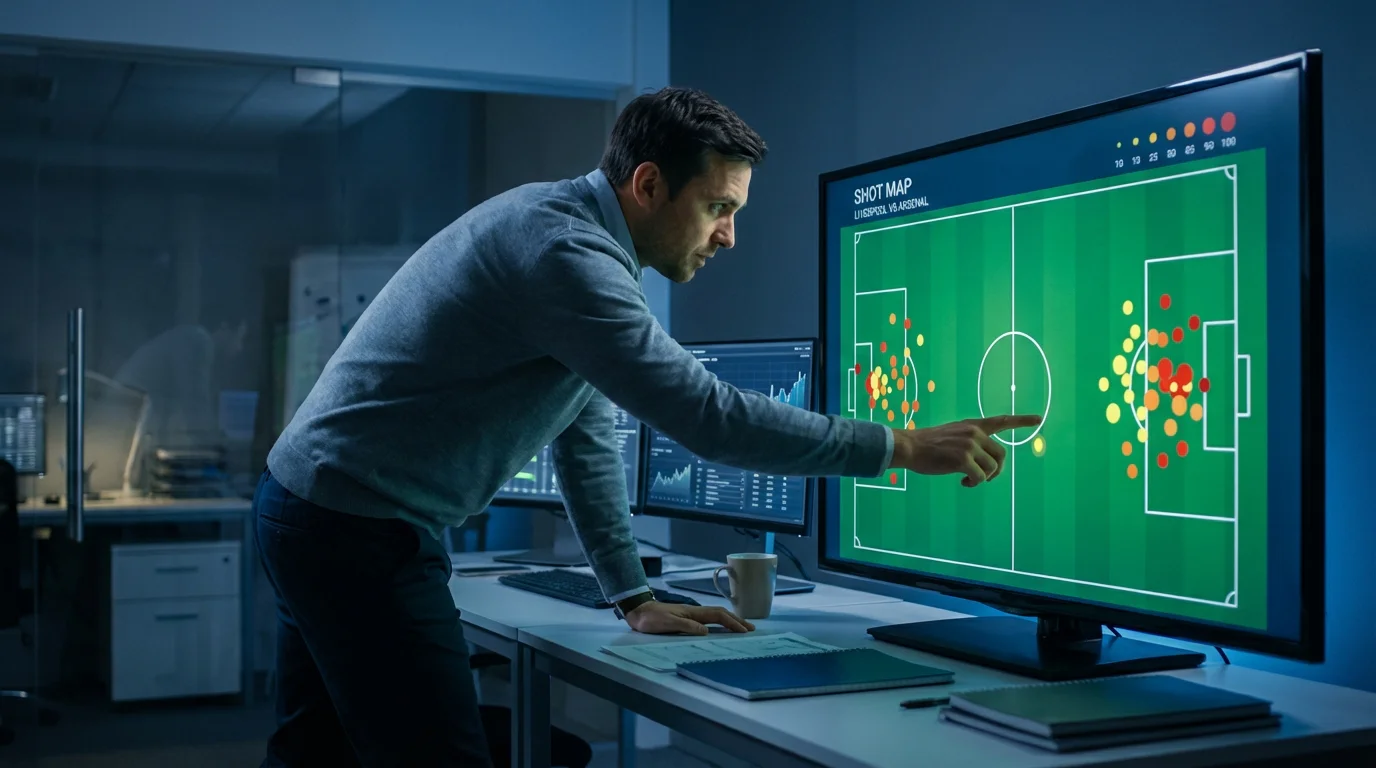Football analyst pointing at a shot map on a screen showing expected goals data