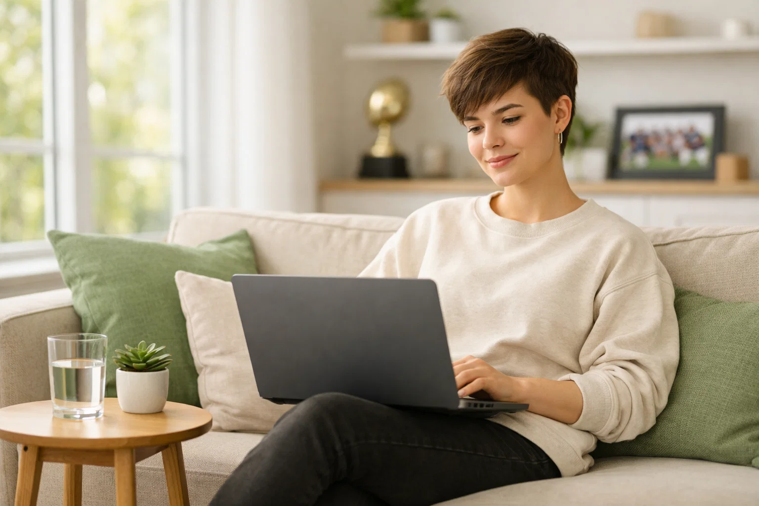 Young person confidently using laptop to explore sports betting platform at home