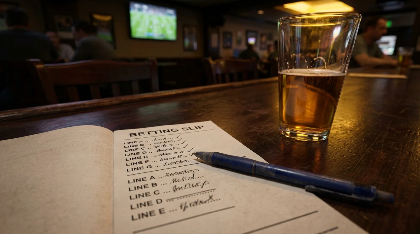 Betting slip with a pen resting on it inside a sports bar atmosphere