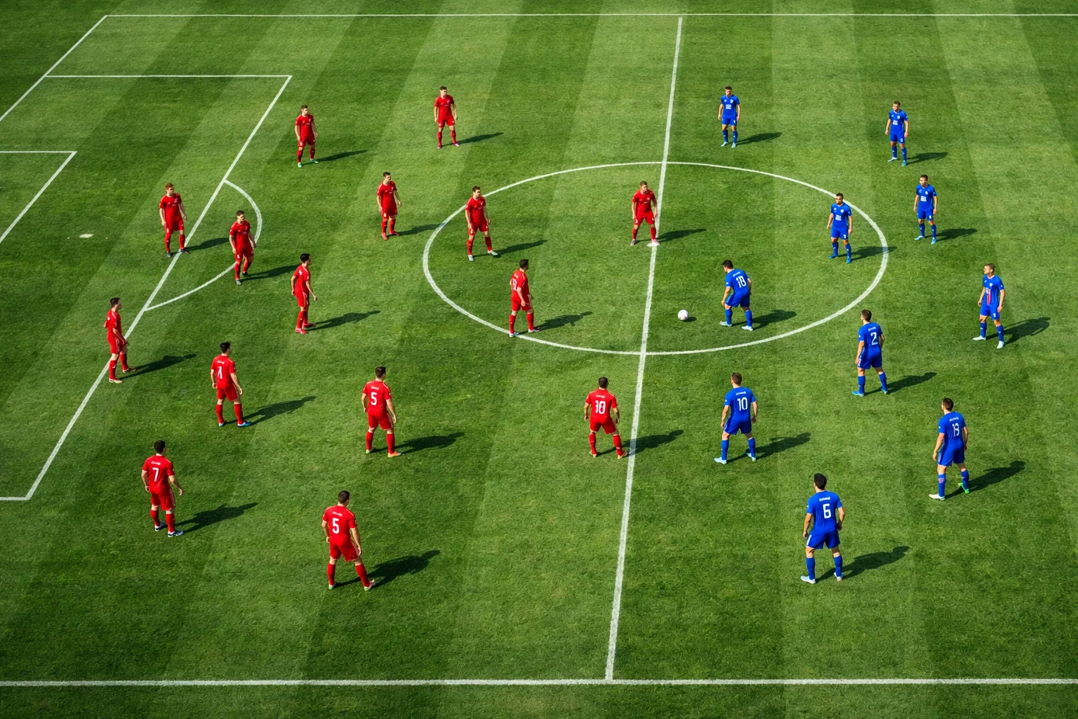 Football pitch from above showing tactical formations and player positions during a match