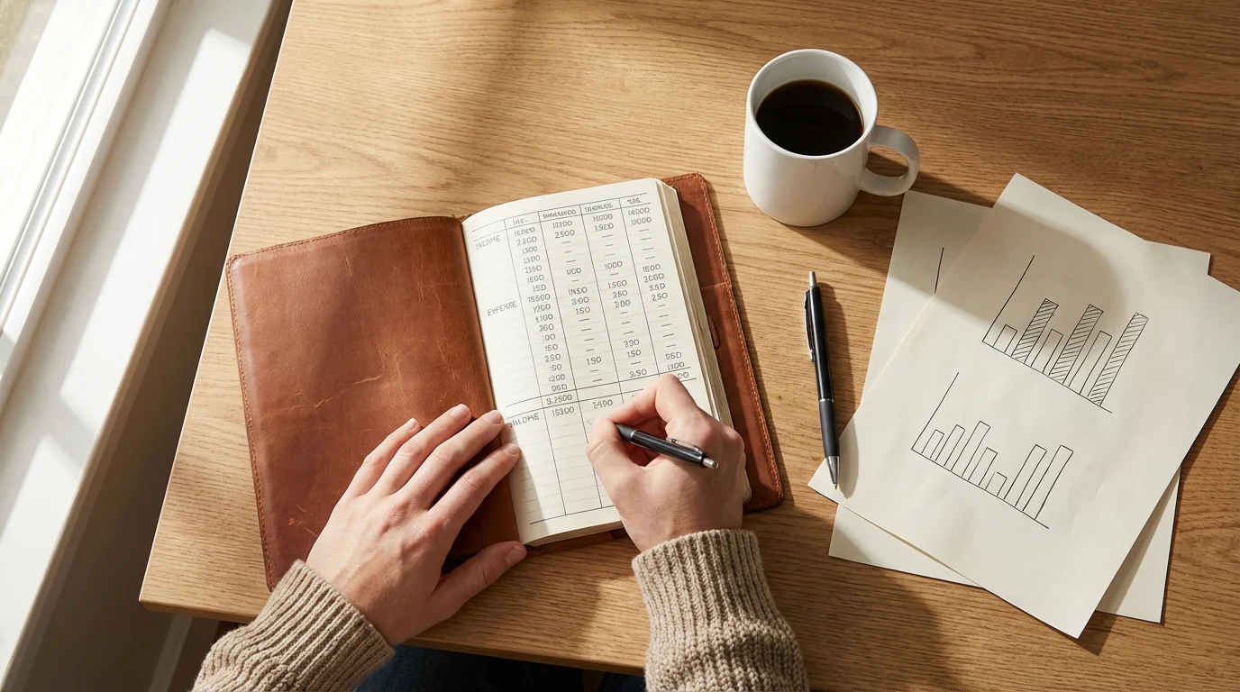 A person reviewing a betting journal with a notebook and pen on a wooden desk