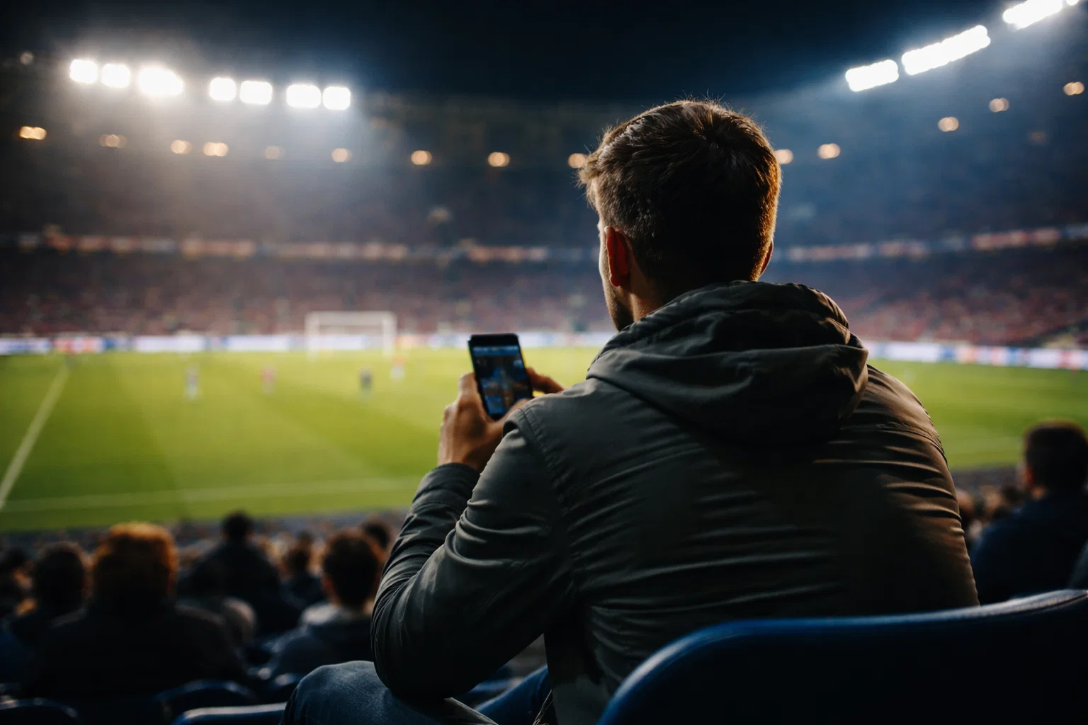 Fan watching football match at stadium with betting excitement