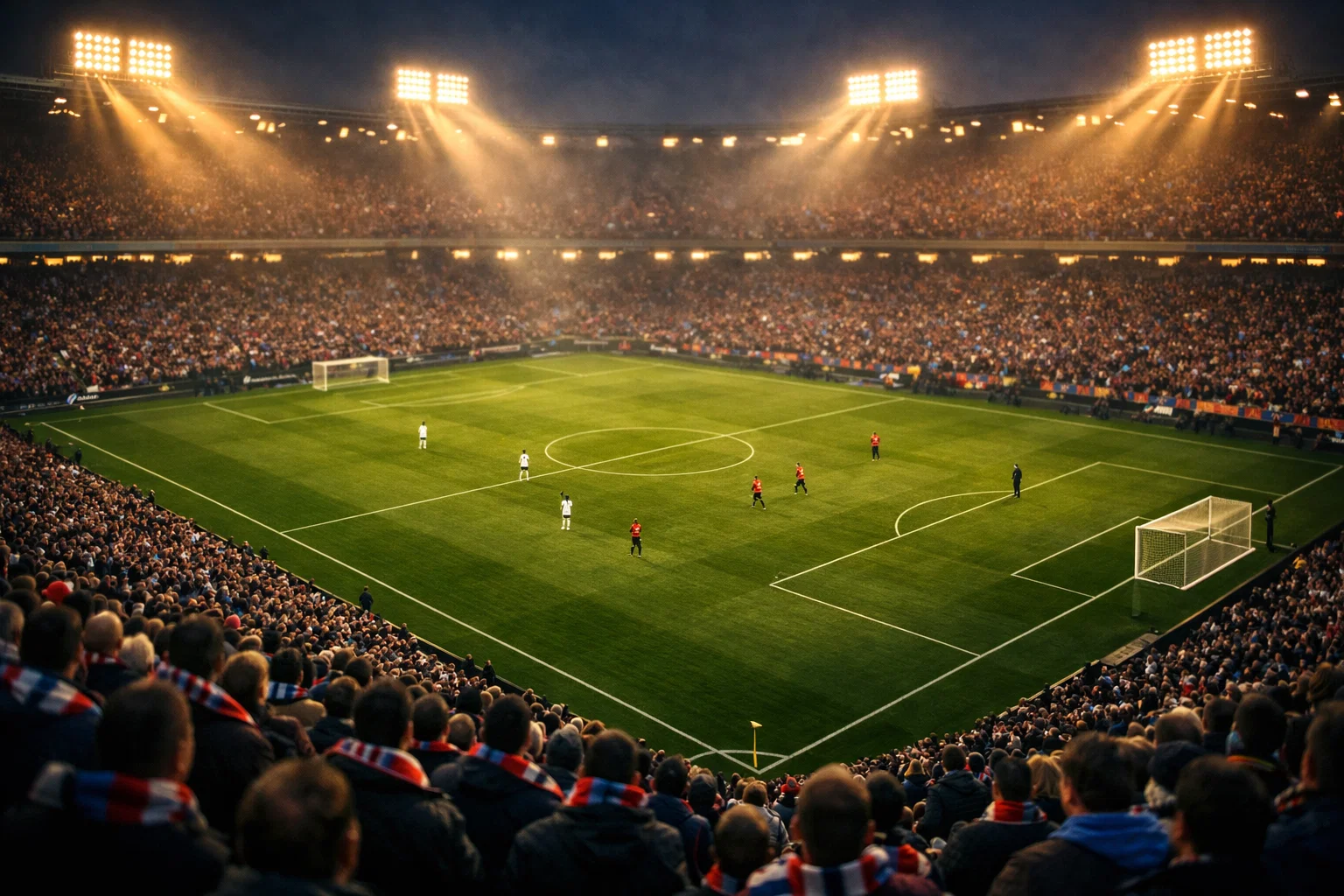 Football match atmosphere in stadium with fans watching the game under evening lights