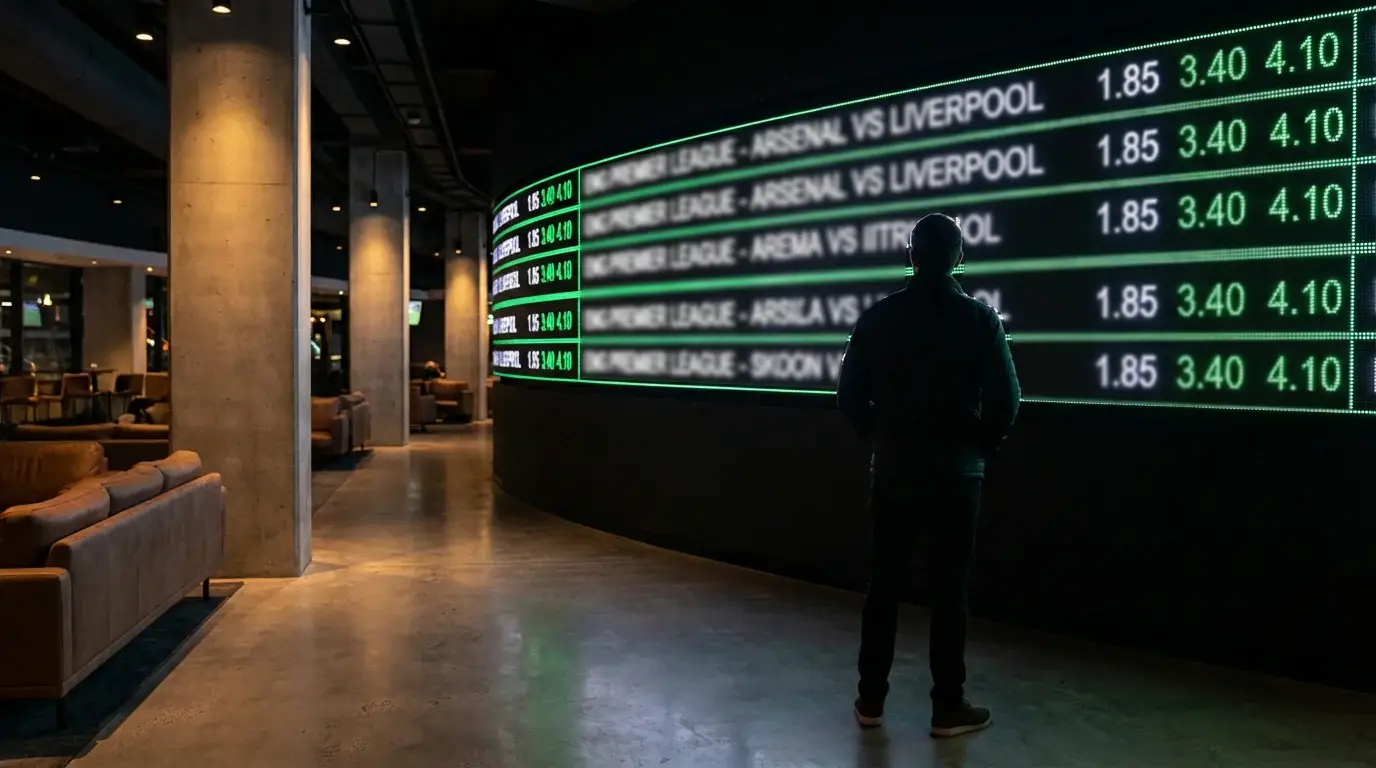 Sportsbook odds board displaying football betting lines in a stadium concourse