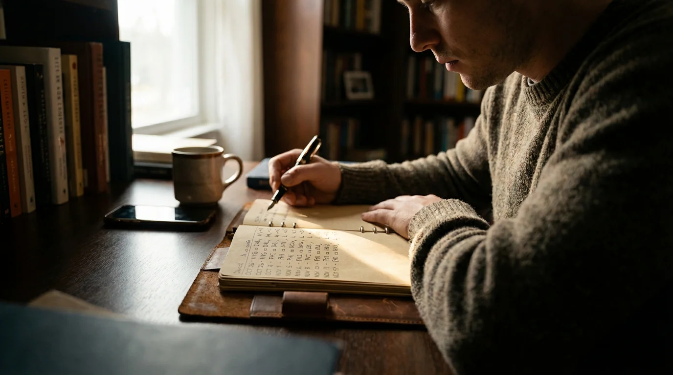 Bettor reviewing a notebook of tracked football wagers with a pen in hand