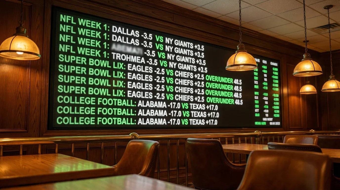 Sportsbook odds board showing football betting lines in a stadium setting