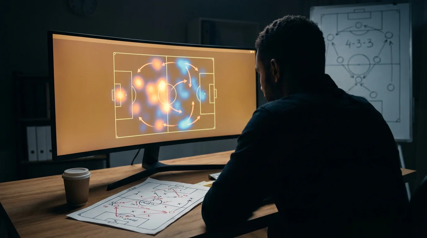 Football analyst studying match performance data with a tactical board in the background