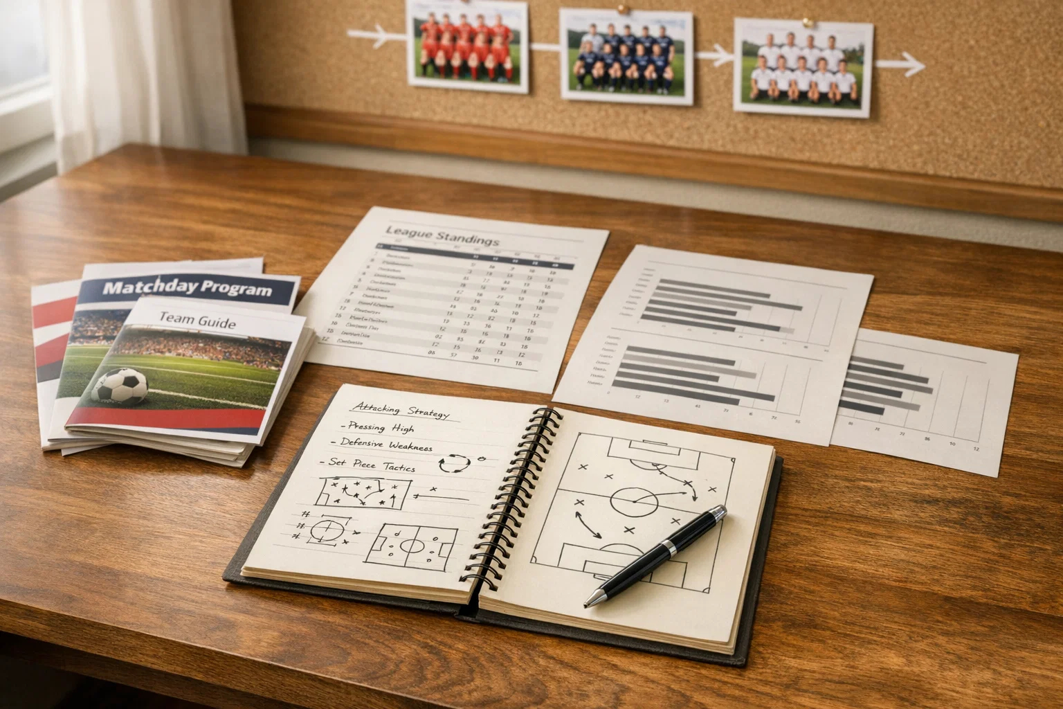 Professional workspace with football analysis charts and league standings documents