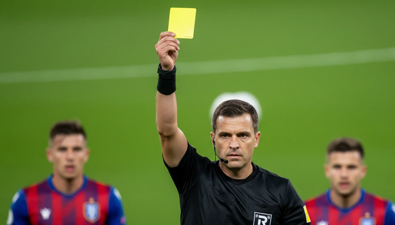 Football referee holding up a yellow card during a match on a grass pitch