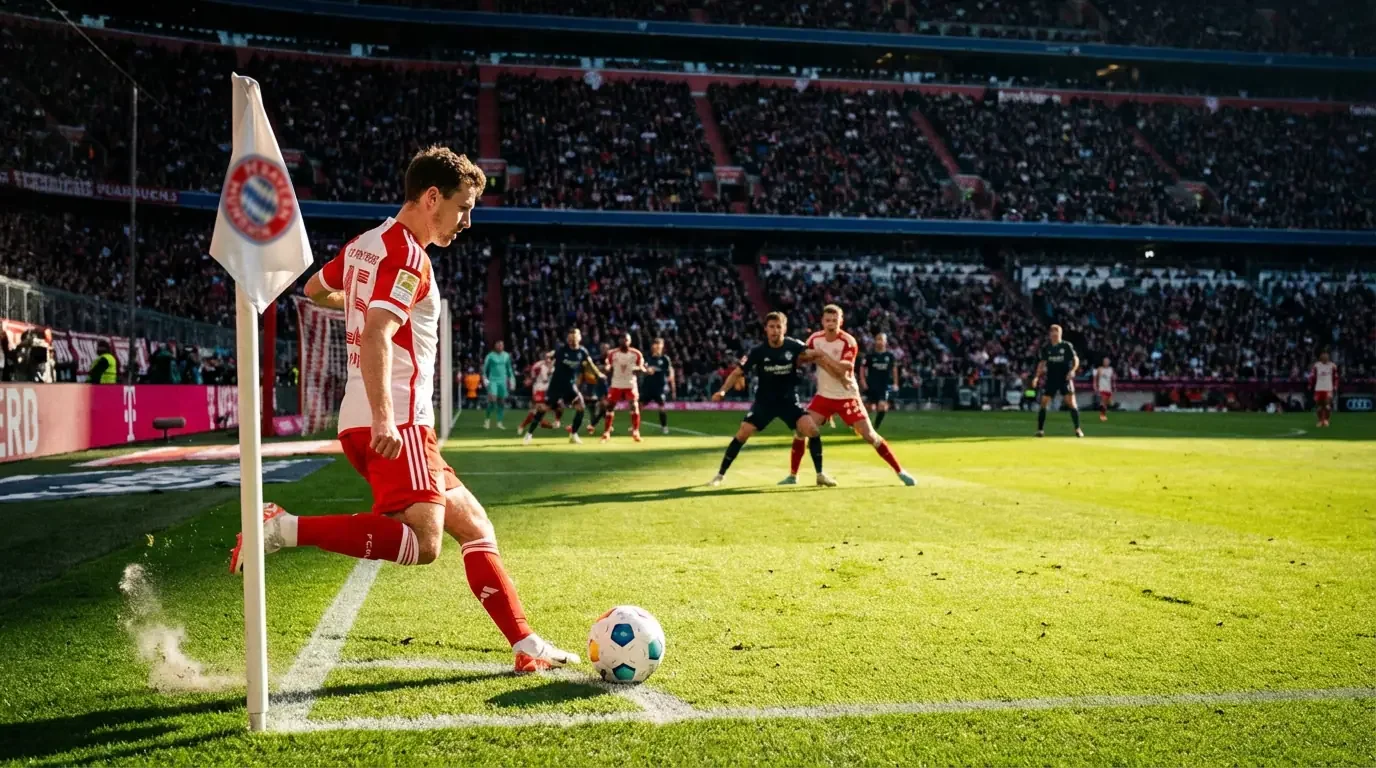 Football player taking a corner kick on a grass pitch with defenders positioned in the box