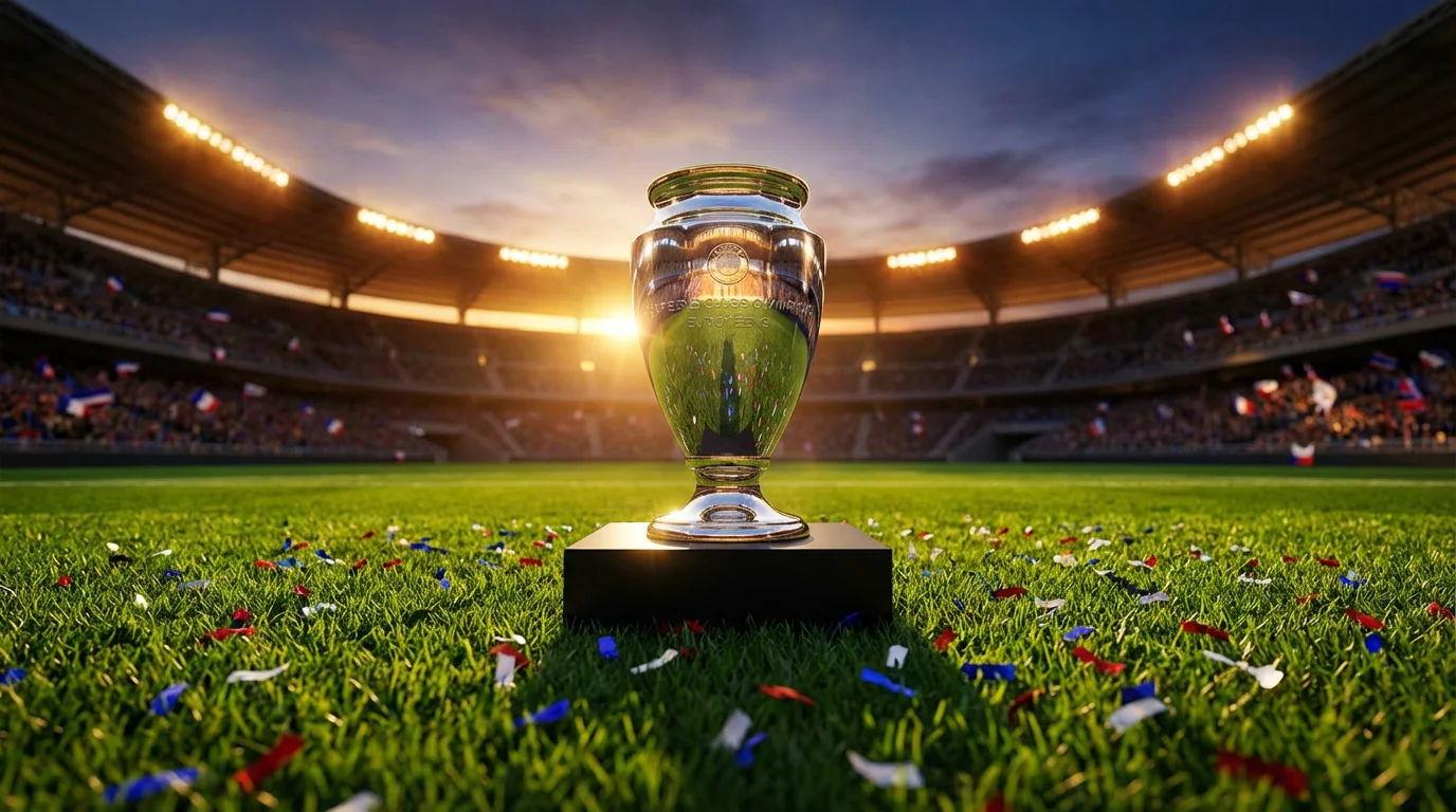 Football trophy on a podium in a stadium with evening golden light
