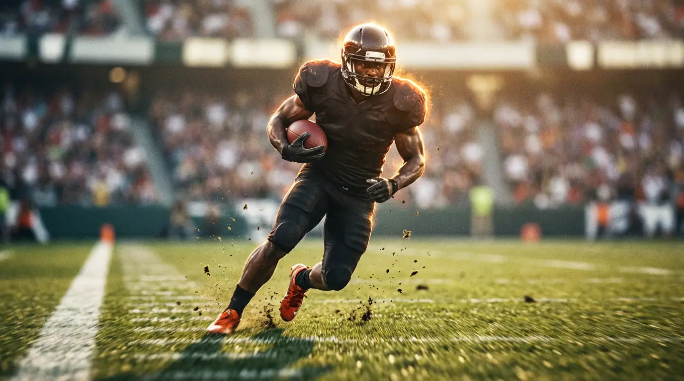 Football player running with the ball on a sunlit grass field