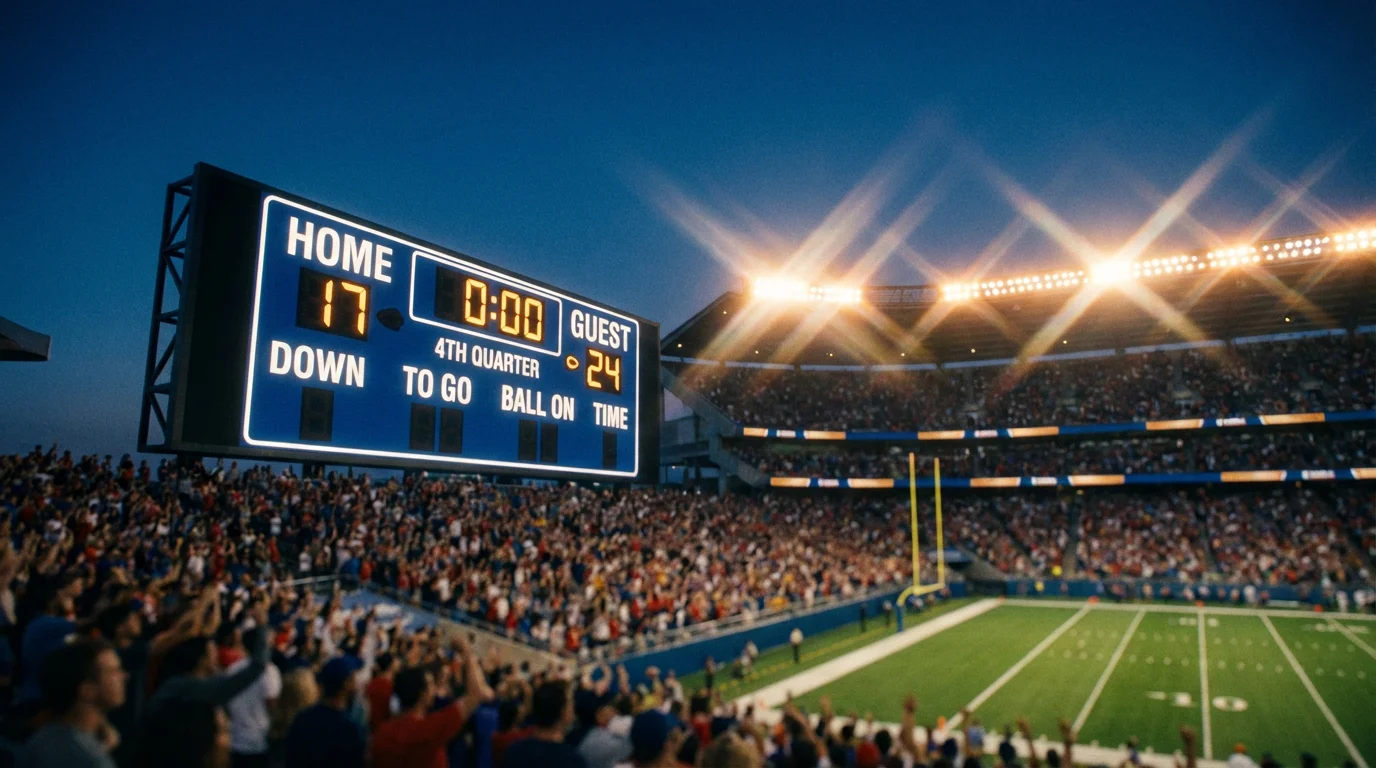 Football stadium scoreboard glowing under evening lights during a game