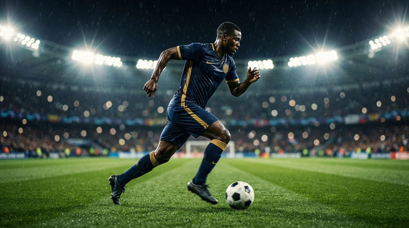 Football player running with the ball on a green pitch under stadium floodlights