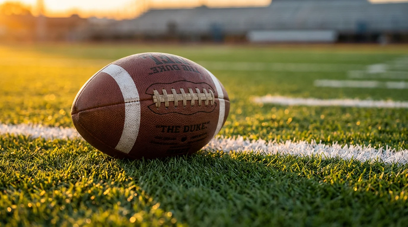 Close-up of an American football on the field with yard line markings