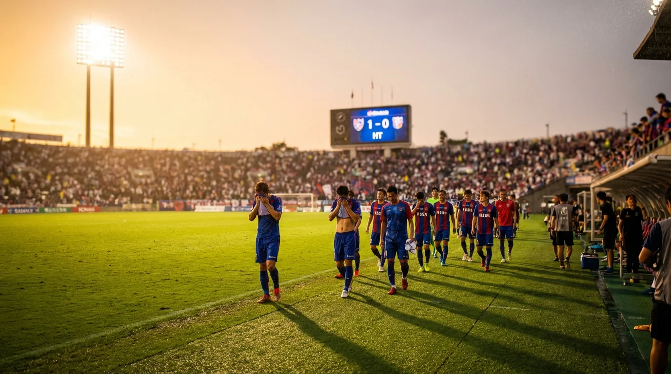 Football match at half-time with players walking off the pitch under stadium floodlights