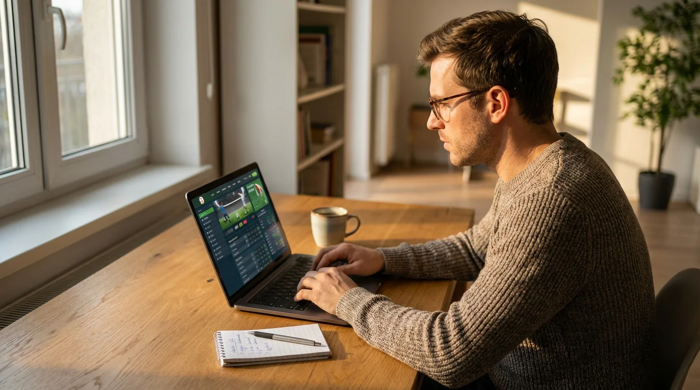 Man comparing football betting sites on a laptop in a modern home office