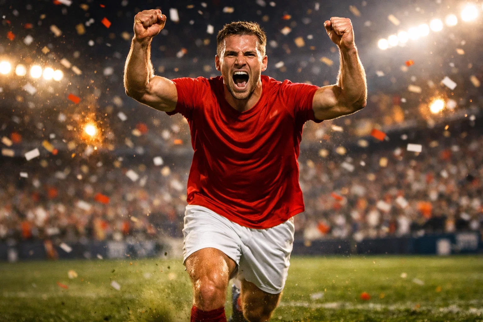 Football striker celebrating goal for anytime goalscorer bet
