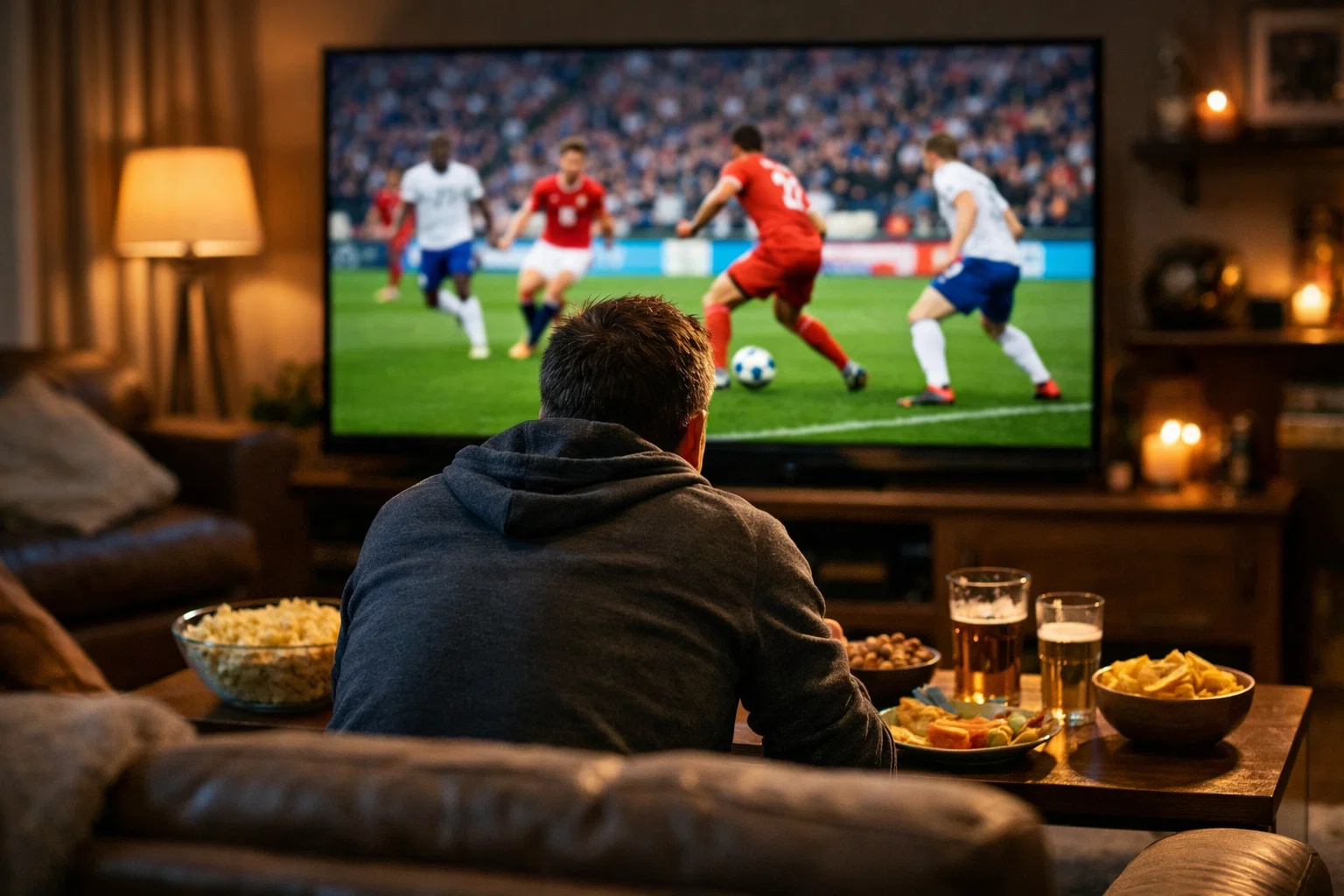 Fan watching live football match on screen with betting interface