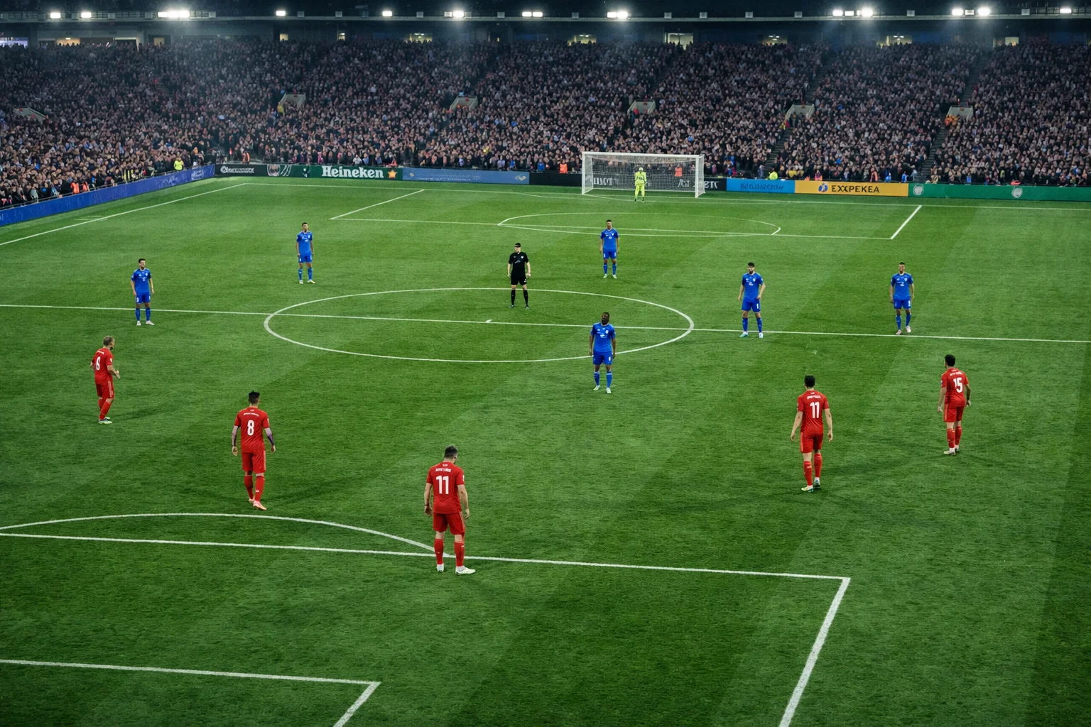 Football match momentum with team pressing for goal