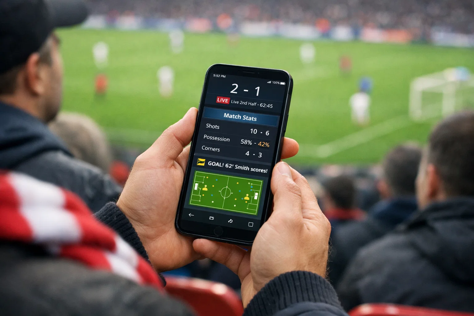 Mobile phone showing live football betting app during match