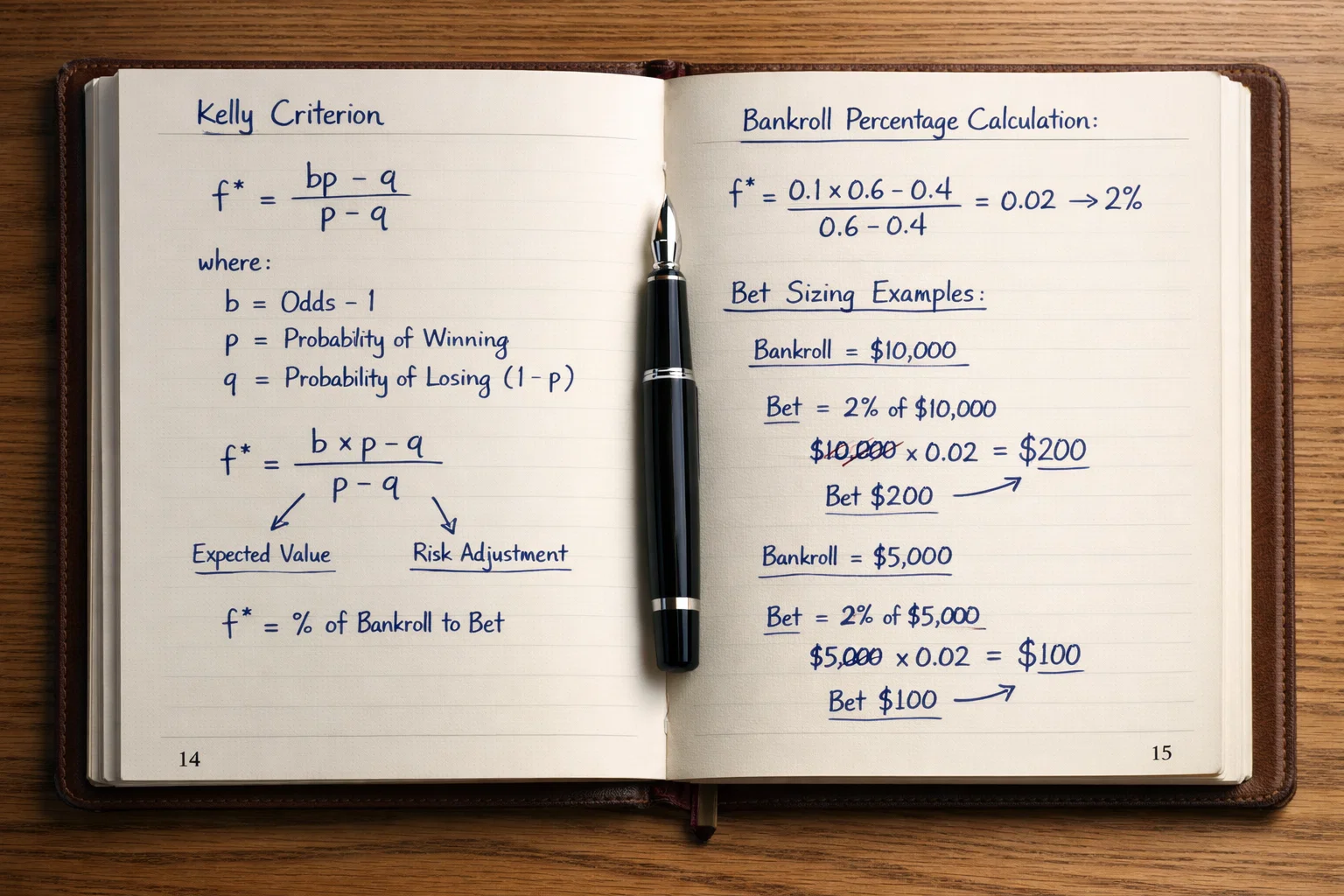 Notebook with bet sizing calculations and bankroll notes