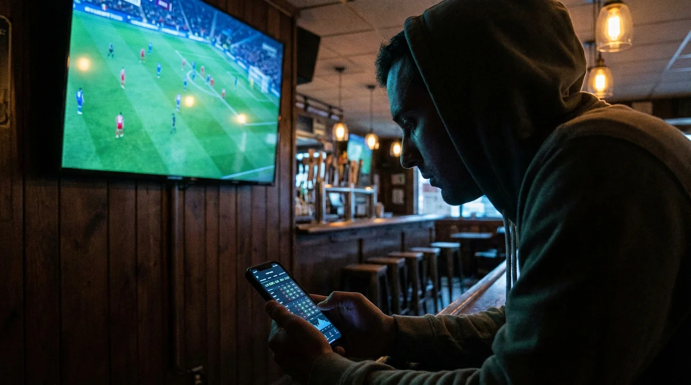 Football fan watching a live match on a large screen in a sports bar with odds displayed