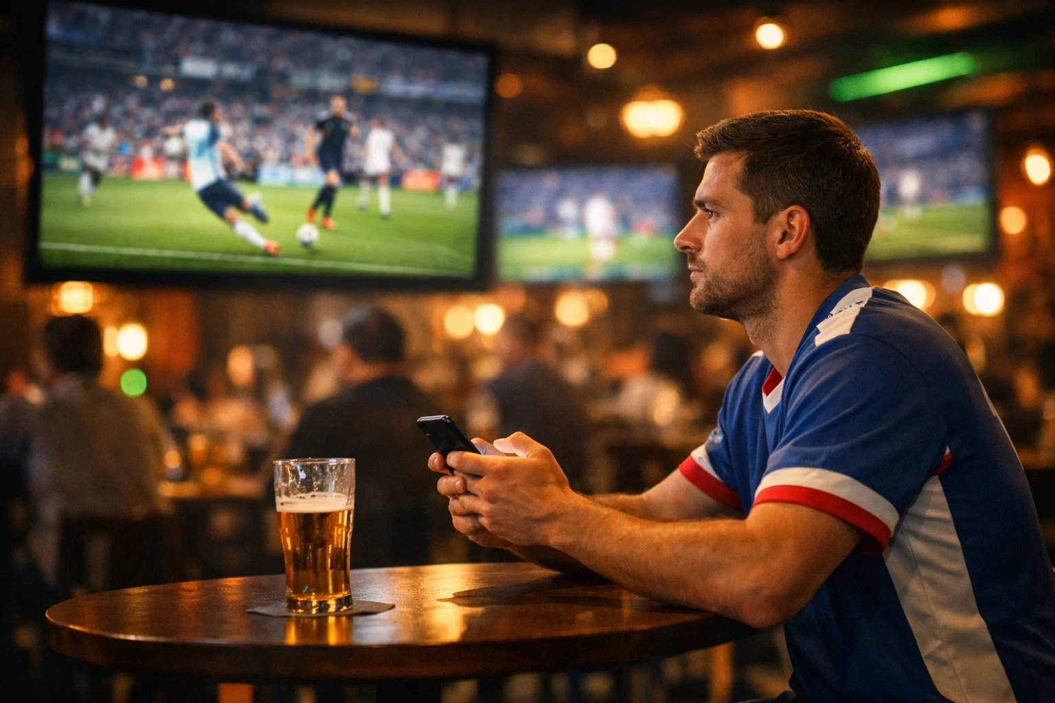 Football fan watching live match on screen in sports bar holding smartphone