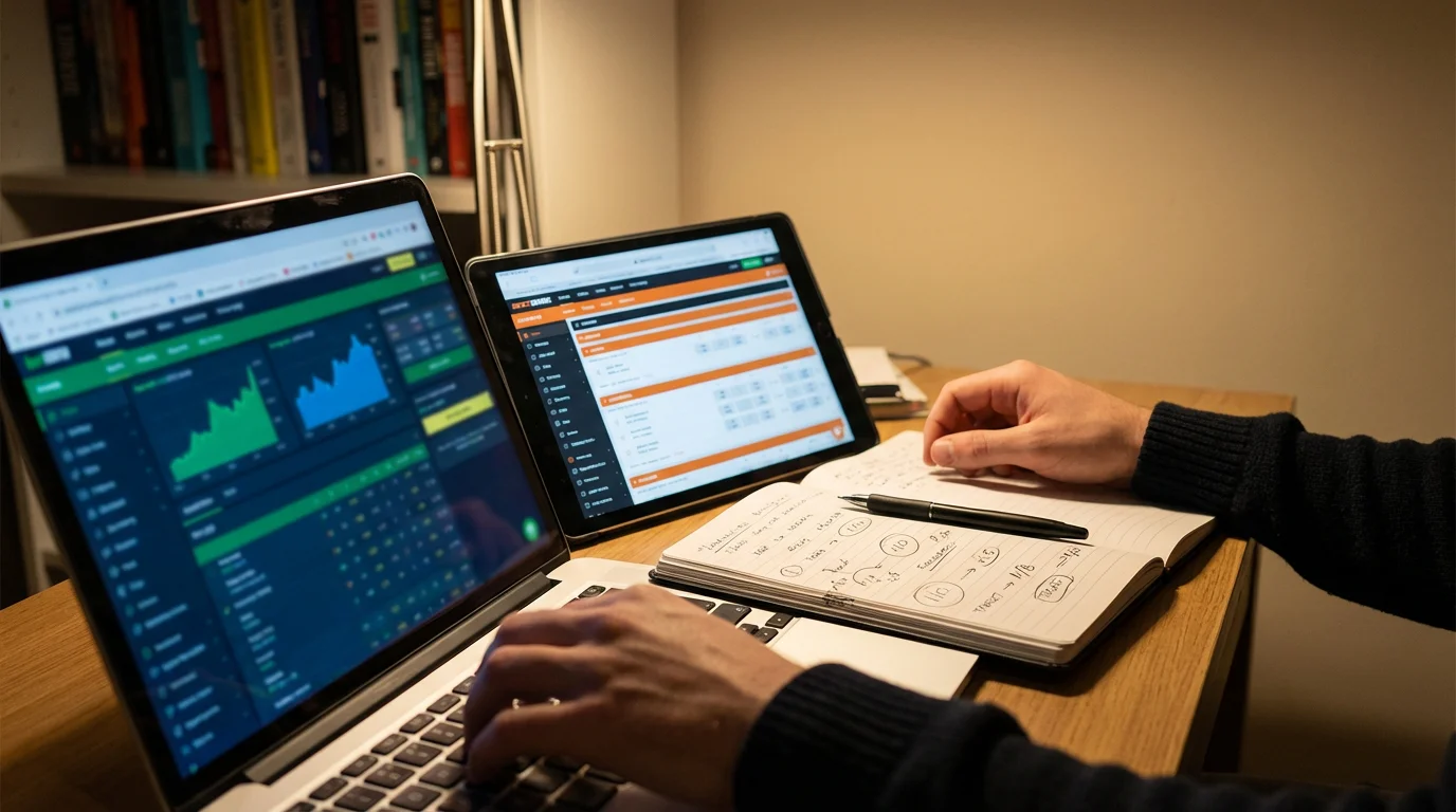 Person reviewing two sportsbook odds on a split screen with a notebook of calculations