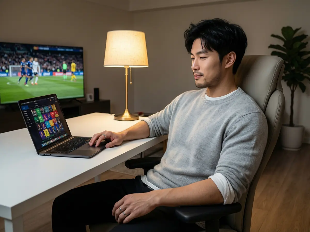 Person using a laptop at a home desk while a football match plays on a TV in the background under warm lighting