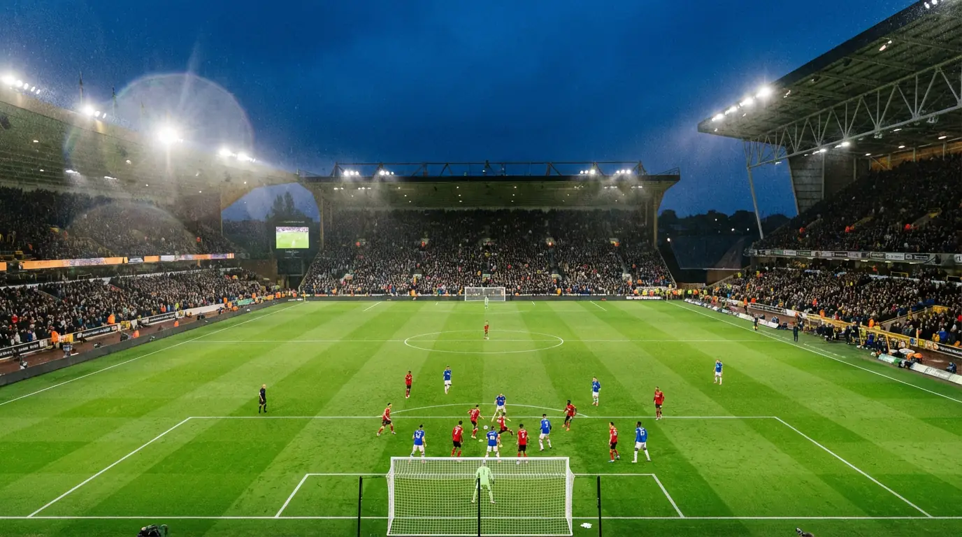 Premier League football match under floodlights at a packed English stadium