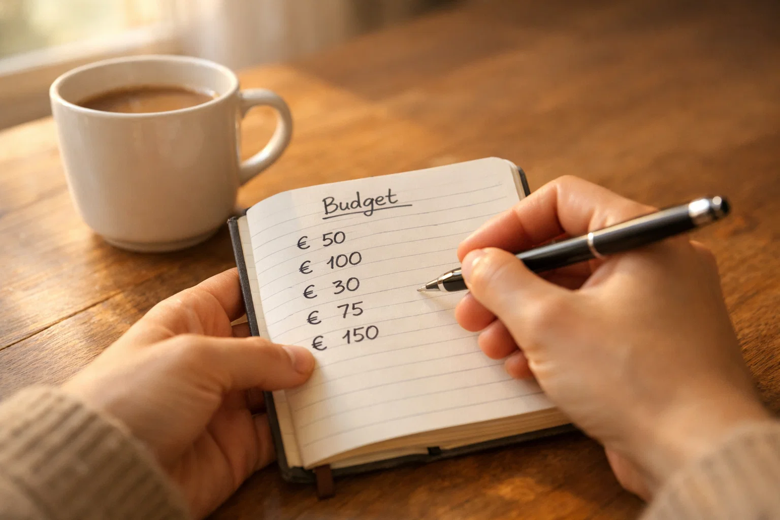 Person setting budget limits in a notebook for betting