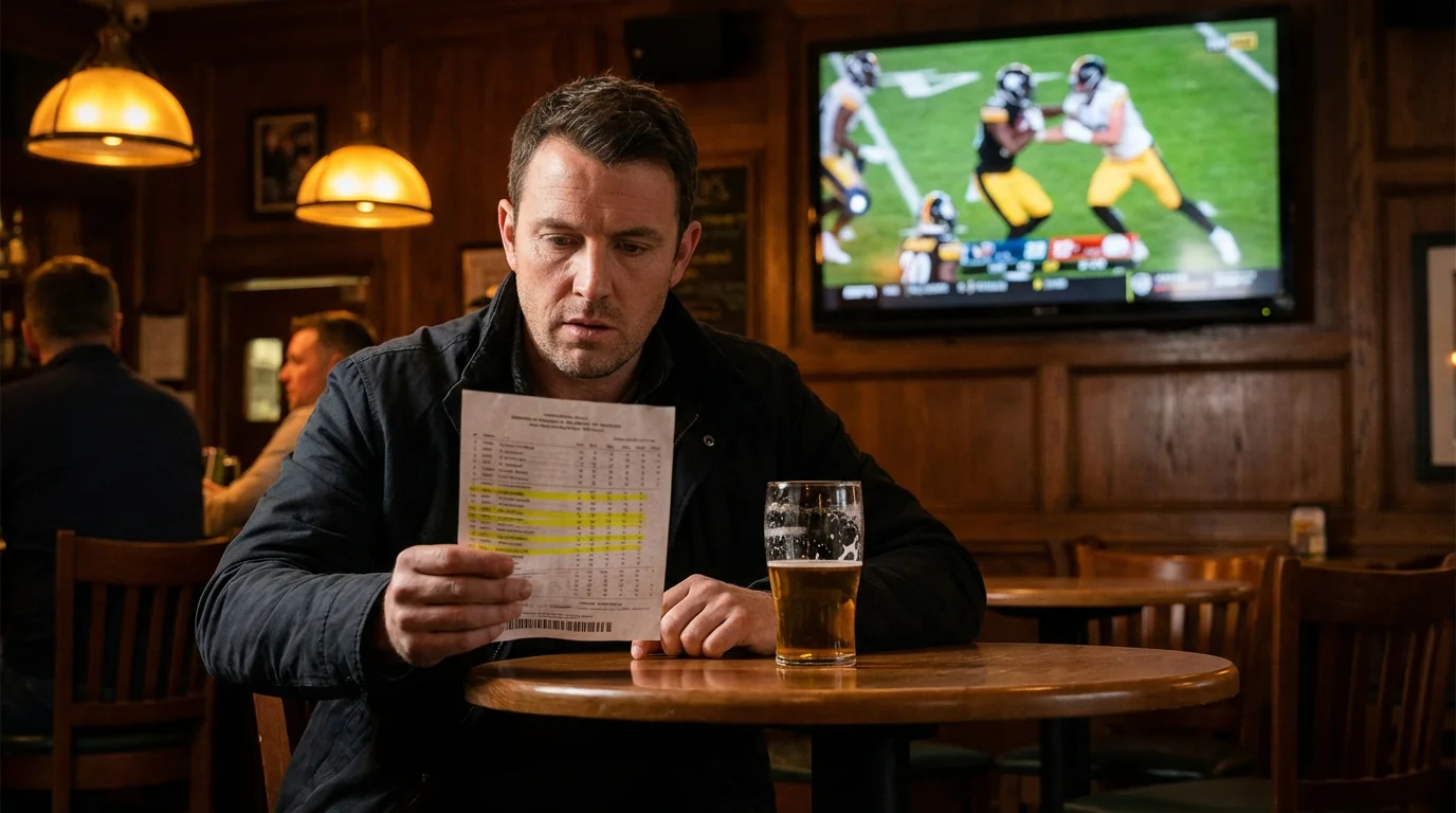 Football fan studying a single-game betting slip with multiple selections highlighted