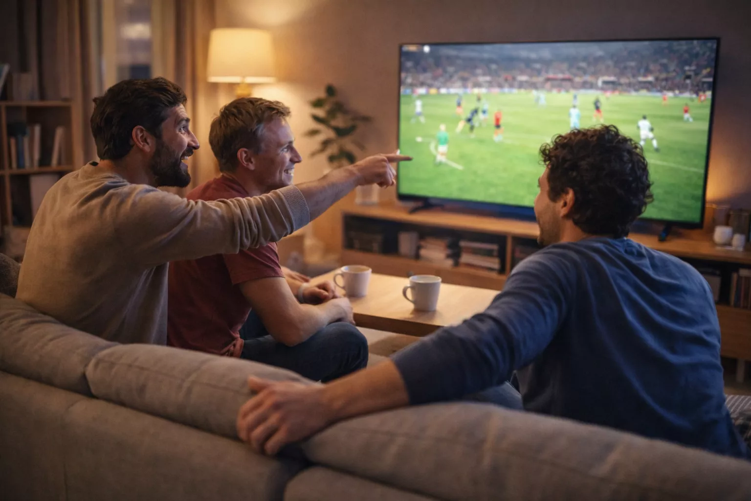 Friends watching football match together on TV at home