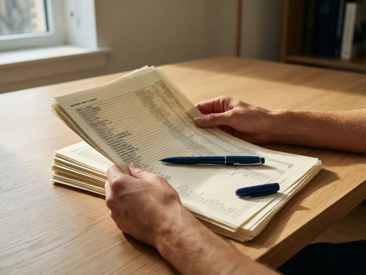 Hands holding printed football match statistics and schedules on a desk with a pen under soft natural light