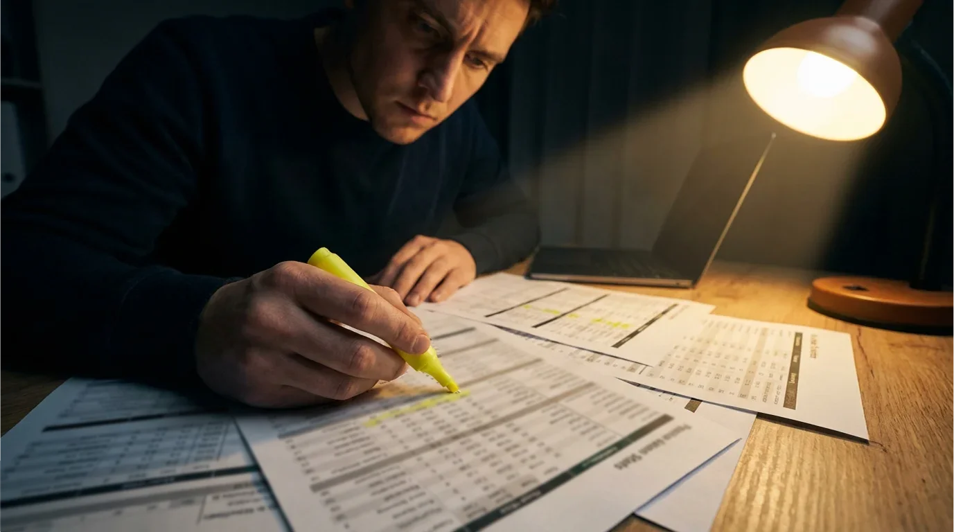 A bettor analyzing football statistics on paper with a highlighted odds comparison chart