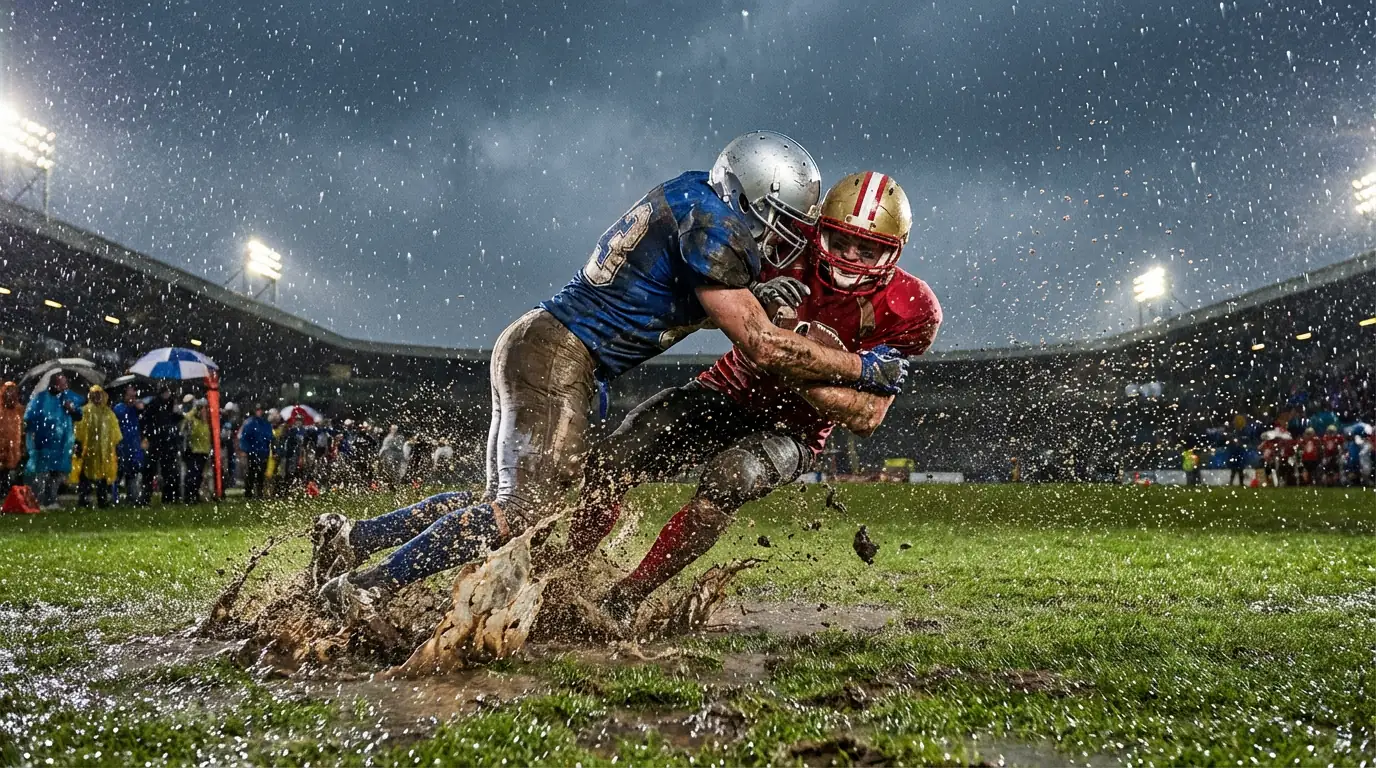 Football players competing on a rain-soaked pitch under dark stormy skies